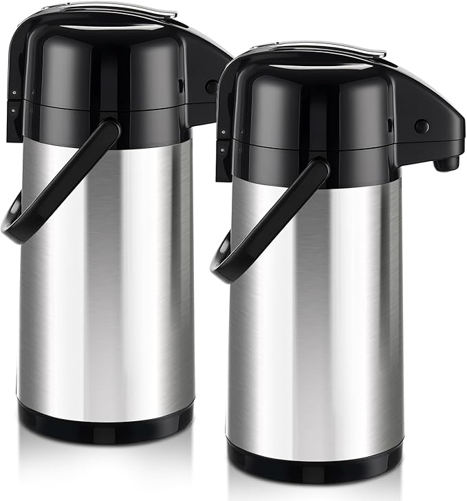 Upgraded Airpot Coffee Carafe with Double Pump, Stainless Steel Drink Dispenser for Hot/Cold Beverage with Lazy Susan Base for Hot Cocoa for Parties (2 Pack - Stainless steel color, 84.5 Ounces)