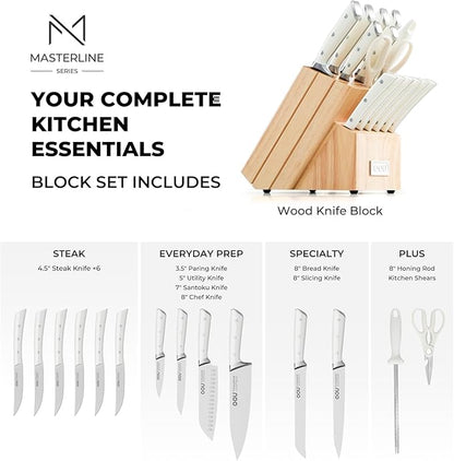 OOU 2026 Master Line 15-Piece German High Carbon Steel Knife Set - Professional Sharp Chef Knife with FSC Wooden Block - Ergonomic Handle Kitchen Knife Set with Steak Knives & Sharpener