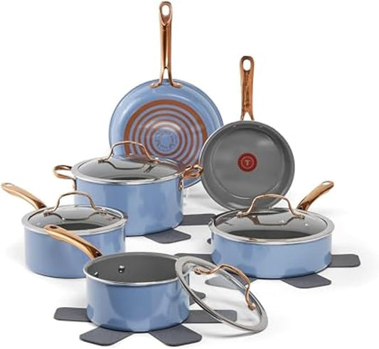 T-Fal Preserve Ceramic, Non stick Cookware Set 13-Piece, Oven & Broiler Safe up to 350°F, Includes Stockpot, Saucepans, Frying Pans, Protectors, Pots and Pans, Blue