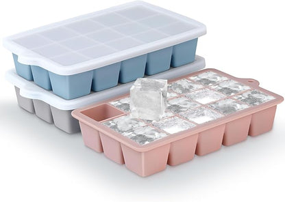 Silicone Ice Cube Trays 3Packs, Easy Release Ice Cube Molds with Lid, Freezer Stackable Ice Maker for Whiskey, Baby Food, BPA Free (Blue+Grey+Pink) by Unknown