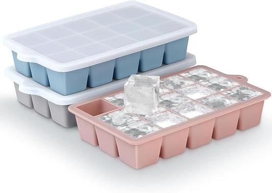 Silicone Ice Cube Trays 3Packs, Easy Release Ice Cube Molds with Lid, Freezer Stackable Ice Maker for Whiskey, Baby Food, BPA Free (Blue+Grey+Pink) by Unknown