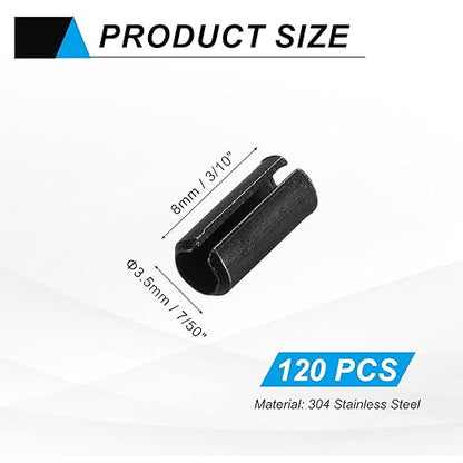 MECCANIXITY 120Pcs Slotted Split Roll Pins 7/50 Inch(3.5mm) Dia. 3/10 Inch(8mm) Length Steel Spring Tension Expansion Dowels for Secure Fastening, Black