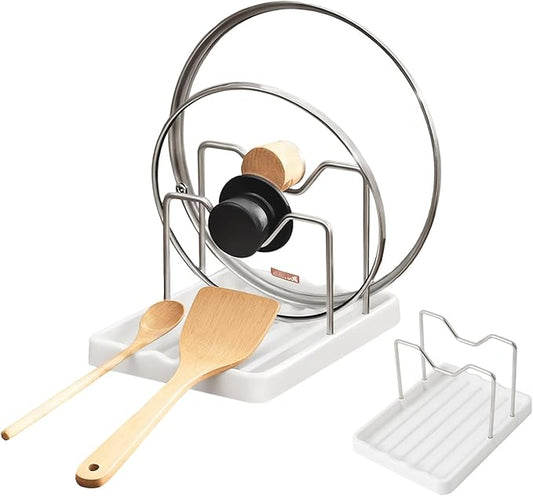 2 in 1 Pot Lid Holder & Spoon Rest for Kitchen Counter, Plastic Utensil Rest with Stainless Steel Pan Lid Holder Organizer While Cooking, Countertop Space Saving Pot Cover Rack | Easy to Clean by Aenfaiy