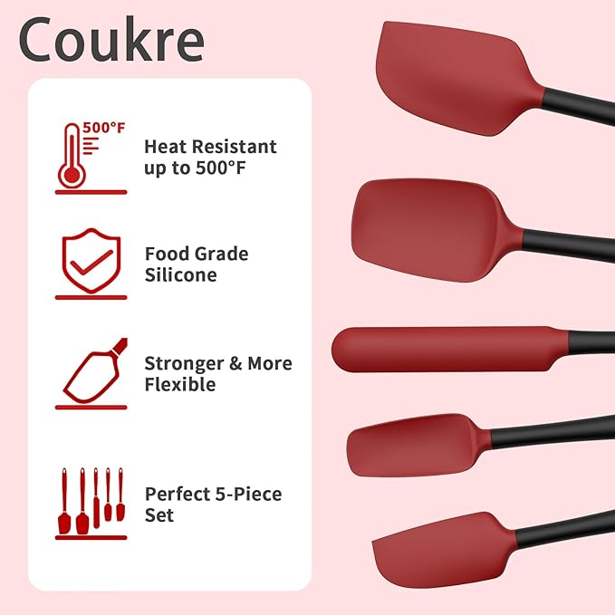 Coukre Silicone Spatula Set of 5,High Temperature Resistant, Food Grade Silicone, Dishwasher Safe, for Baking, Cooking (Red Black) - Image 3