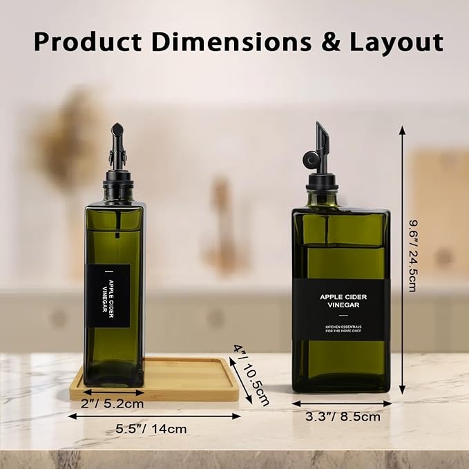 Olive Oil Dispenser Bottle for Kitchen with Bamboo Tray- 16.9oz Glass Oil and Vinegar Dispenser Set, Soy Sauce & Syrup Bottle, Modern Hostess Gift (Green, Set of 2) - Image 5