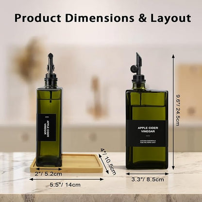 Olive Oil Dispenser Bottle for Kitchen with Bamboo Tray- 16.9oz Glass Oil and Vinegar Dispenser Set, Soy Sauce & Syrup Bottle, Modern Hostess Gift (Green, Set of 2) - Image 5