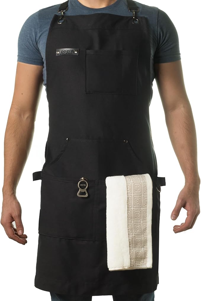 Asaya Chef and BBQ Apron with Bottle Opener and Hand Towel - 10oz Cotton Canvas, Stainless Steel Hardware - Cross Back Straps by AsayaChefProducts