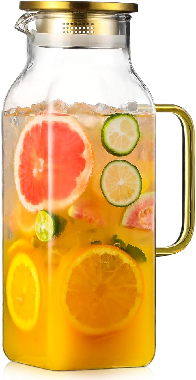 2 Quart (2 Liter 68 oz) Square Glass Pitcher with Lid and Spout, Water Pitchers with Handle for Fridge, Borosilicate Glass Carafe for Hot/Cold Drink, Large Jug for Iced Tea, Coffee, Beverage, Cold by NETANY