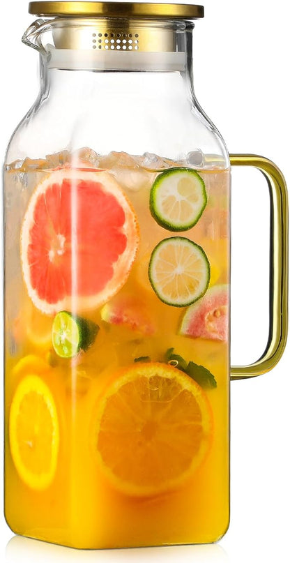 2 Quart (2 Liter 68 oz) Square Glass Pitcher with Lid and Spout, Water Pitchers with Handle for Fridge, Borosilicate Glass Carafe for Hot/Cold Drink, Large Jug for Iced Tea, Coffee, Beverage, Cold by NETANY
