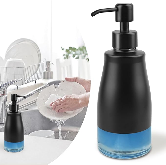AUMIO Soap Dispenser with Stickers, Stainless Steel Case Glass Liner Hand Pump Dispenser, Refillable Dish Soap Dispenser for Kitchen Bathroom, Decorative Liquid Hand Soap Dispensers Matte Black(10 OZ) by AUMIO