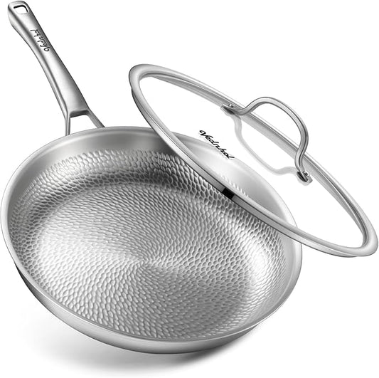 Titanium Pan, 12 Inch Pure Titanium Hammered Pro frying pan with Lid, Non-Toxic Skillet for Cooking, PFAS/PFOA/PTFE Free Cookware, Dishwasher&Oven Safe, Kitchen Induction Compatible by VEDNHOL