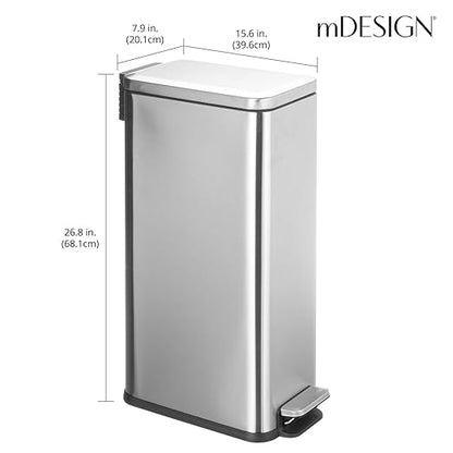 mDesign Slim Metal Rectangle 7.9 Gallon Trash Can with Step Pedal, Easy-Close Lid, Removable Liner - Narrow Wastebasket Garbage Container Bin for Bathroom, Bedroom, Kitchen, Office - Brushed Chrome