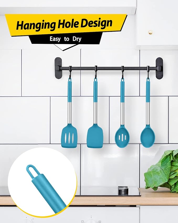 Pack of 4 Silicone Cooking Utensils Set, Non Stick Large Solid Spatulas, Heat Resistant Blue Slotted Spoons, Ideal BPA Free Kitchen Turners for Frying, Mixing,Serving,Draining,Turning,Stirring - Image 6