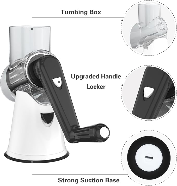 Cambom Rotary Cheese Grater Hand Crank Cheese Shredder for Fresh Cheese, Vegetable, Nuts,Non-slip Suction Base, Free Cleaning Brush Three Blades, White and Black - Image 6