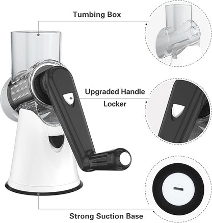 Cambom Rotary Cheese Grater Hand Crank Cheese Shredder for Fresh Cheese, Vegetable, Nuts,Non-slip Suction Base, Free Cleaning Brush Three Blades, White and Black - Image 6