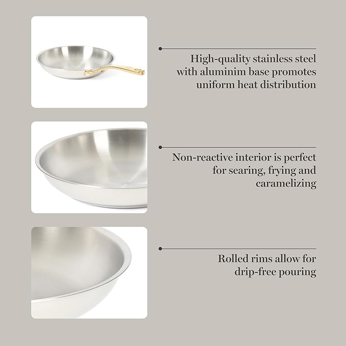 Martha Stewart Castelle 9.5-Inch Stainless Steel Frying Pan with Gold-Tone Handle – Tri-Ply Encapsulated Bottom, Oven Safe & Induction Safe Skillet for Searing and Sautéing - Image 4