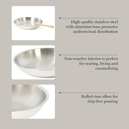 Martha Stewart Castelle 9.5-Inch Stainless Steel Frying Pan with Gold-Tone Handle – Tri-Ply Encapsulated Bottom, Oven Safe & Induction Safe Skillet for Searing and Sautéing - Image 4