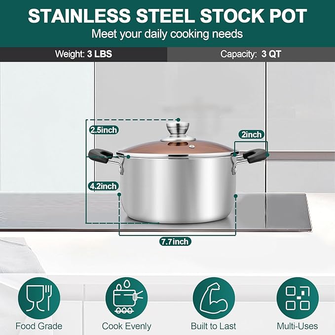 TeamFar 3 Quart Stock Pot, Stainless Steel Stock Pasta Soup Pot with Lid, Tempered Glass Lid & Double Heat-Proof Handles, Non-Toxic & Healthy, Heavy Duty & Dishwasher Safe - Image 2