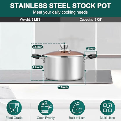 TeamFar 3 Quart Stock Pot, Stainless Steel Stock Pasta Soup Pot with Lid, Tempered Glass Lid & Double Heat-Proof Handles, Non-Toxic & Healthy, Heavy Duty & Dishwasher Safe - Image 2