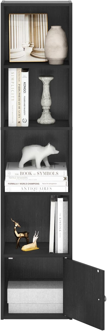 Furinno LUDER Book Shelf, 5-Tier Modern Bookshelf, Bookcase with 1 Door Storage Cabinet, 9.3 x 12 x 52, for Organization and Storage, for Living Room, Bedroom, Home Office, Blackwood - Image 5