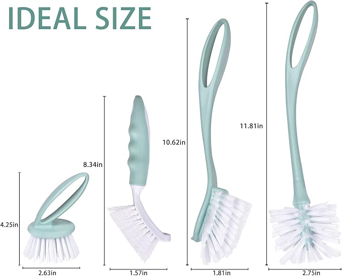 Dish Brush with Handle, Kitchen Dish Scrub Brush Set, 4-Piece Kitchen Cleaning Brush Set for Pots and Bottles, Nordic Green - Image 6