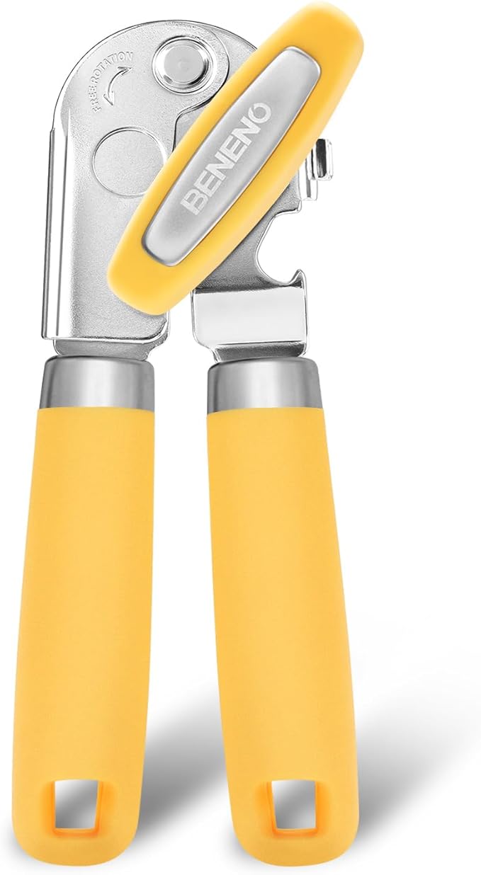 Beneno Heavy Duty Hand Can Opener Manual with Magnet, Durable Sharp Carbon Steel Blade Smooth Cutting, Big Effort-Saving Knob, Soft Grip Handle, Multifunctional Kitchen Tool with Bottle Opener, Yellow - Image 7