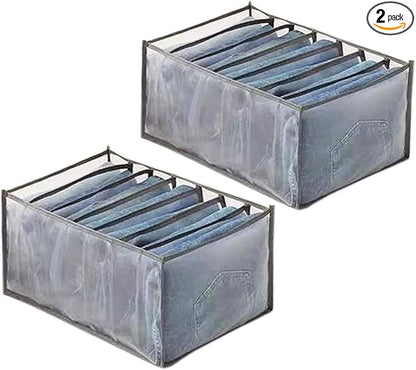 Wardrobe Clothes Organizer, 7 Grids Washable Portable Closet Organizer Mesh Separation Storage Box Foldable Closet Drawer Organizer for Underwear, Socks, Scarves, Jeans (Grey, 2 Jeans Grid)