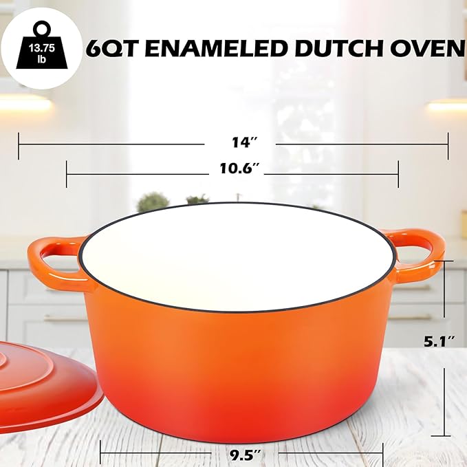 TeamFar Enameled Cast Iron Dutch Oven, 6QT Nonstick Dutch Oven Pot with Lid & Dual Handles for Bread Baking Braising Simmer Roasting, Non Toxic & Heavy Duty, Multi Stoves & Oven Safe - Orange - Image 2