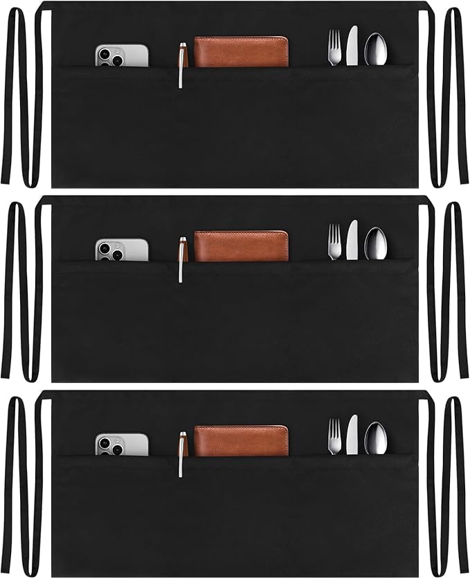 NLUS 3 Pack Server Aprons with 3 Pockets, Water Oil Stain Resistant Waitress Waiter Apron Black Waist Aprons Bistro Apron for Women Men, 24 X 12 inch