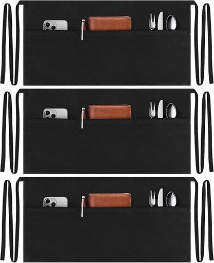NLUS 3 Pack Server Aprons with 3 Pockets, Water Oil Stain Resistant Waitress Waiter Apron Black Waist Aprons Bistro Apron for Women Men, 24 X 12 inch