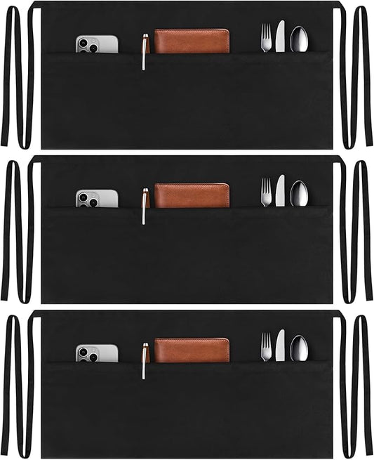NLUS 3 Pack Server Aprons with 3 Pockets, Water Oil Stain Resistant Waitress Waiter Apron Black Waist Aprons Bistro Apron for Women Men, 24 X 12 inch
