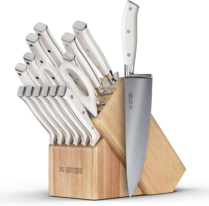 Yatoshi 15 Piece White Knife Block Set - Pro Kitchen Knife Set Ultra Sharp High Carbon Stainless Steel with Ergonomic Handle by YatoshiKnives