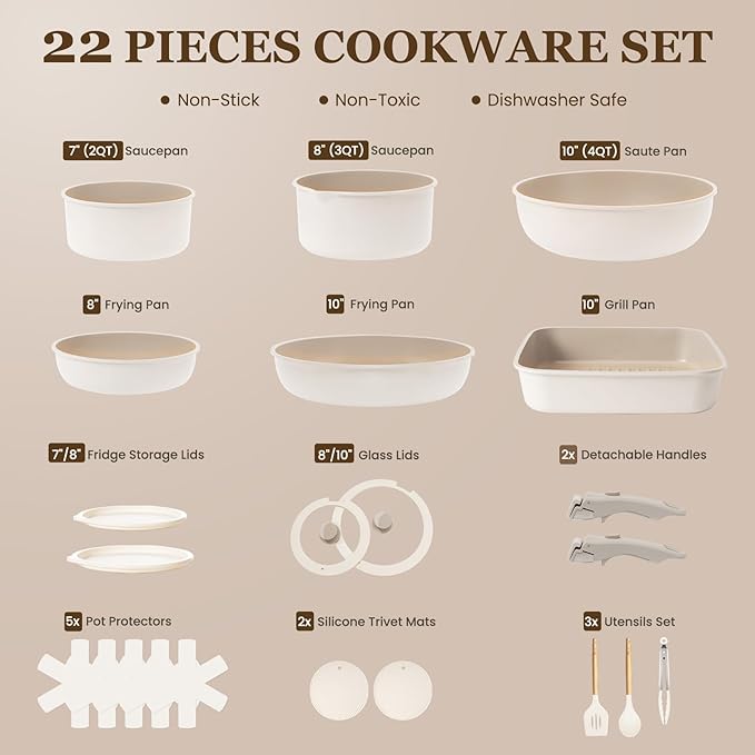 KIKCOIN Nonstick Pots and Pans Set - 22 Pack Cookware Set with Detachable/Removable Handle - Kitchen Cooking Set with Frying Pans, Grill Pan - Stackable, Dishwasher/Oven Safe, Induction Ready - Image 2