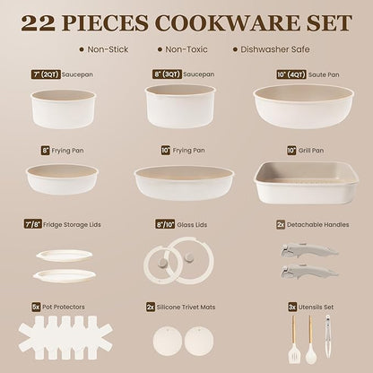 KIKCOIN Nonstick Pots and Pans Set - 22 Pack Cookware Set with Detachable/Removable Handle - Kitchen Cooking Set with Frying Pans, Grill Pan - Stackable, Dishwasher/Oven Safe, Induction Ready - Image 2
