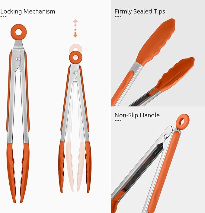 600ºF Heat Resistant Kitchen Tongs: U-Taste 9 inch Silicone Cooking Tong with Firm Sealed Non Stick Rubber Tips & Silicon Coated 18/8 Stainless Steel Handle & Smooth Locking for Serving Grill (Orange) - Image 6