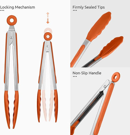 600ºF Heat Resistant Kitchen Tongs: U-Taste 9 inch Silicone Cooking Tong with Firm Sealed Non Stick Rubber Tips & Silicon Coated 18/8 Stainless Steel Handle & Smooth Locking for Serving Grill (Orange) - Image 6
