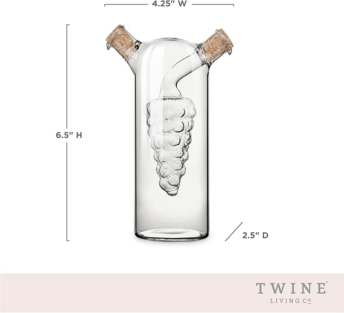 Twine 2-In-1 Oil and Vinegar Cruet Bottle with Cork Stoppers, Olive Oil and Balsamic Vinegar Dispenser, Hand Blown Glass, Pack of 1