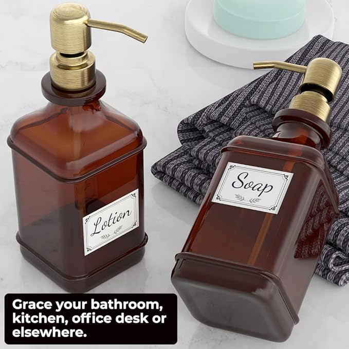 GLADPURE Soap Dispenser 2 Pack, Hand Soap Dispensers with 18 Oz Antique Design Thick Amber Glass Bottle, 316 Rust Proof Stainless Steel Pump, 6Pcs Stickers, for Lotion, Soap - Brushed Gold - Image 5