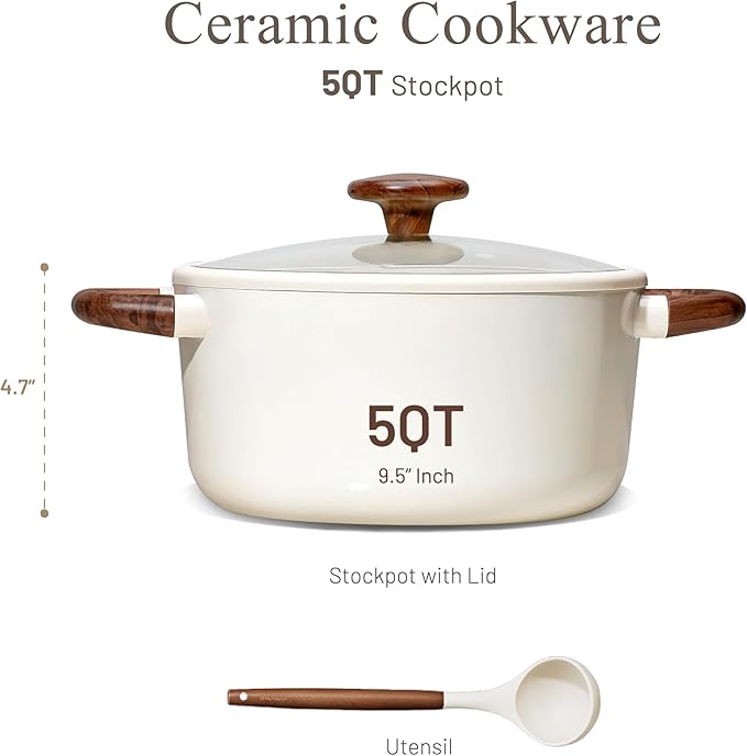 CAROTE 5QT Nonstick Stock Pot with Lid, 5 Quart Casserole with Ladle, Even Heating Stockpot, Fits All Stoves, Non Stick Big Cooking Pots PFOA Free, White - Image 2