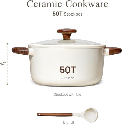 CAROTE 5QT Nonstick Stock Pot with Lid, 5 Quart Casserole with Ladle, Even Heating Stockpot, Fits All Stoves, Non Stick Big Cooking Pots PFOA Free, White - Image 2