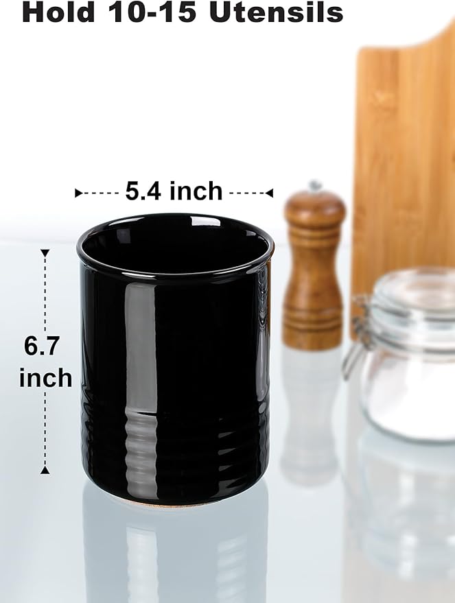 ABRUTY Utensil Holder, 6.7" Ceramic Kitchen Utensil Crock for Countertop Cooking, Modern Utensil Caddy Jar Organizer for Farmhouse Kitchen Counter Decor (Black) - Image 2
