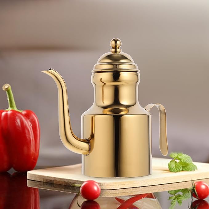 Garneck Gold Olive Oil Dispenser Bottle for Kitchen 11oz Stainless Steel Oil Storage Container With Long Spout Vinegar Grease Pot With Non- Slip Handle for Bbq Cooking Restaurant