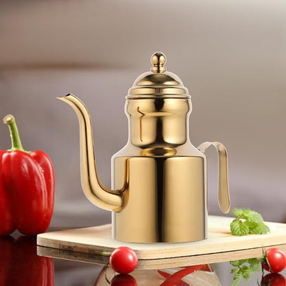 Garneck Gold Olive Oil Dispenser Bottle for Kitchen 11oz Stainless Steel Oil Storage Container With Long Spout Vinegar Grease Pot With Non- Slip Handle for Bbq Cooking Restaurant
