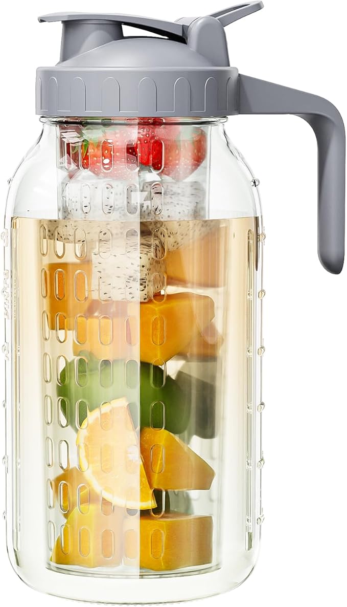 64 oz Glass Pitcher with Lid, Heavy Duty Wide Mouth Mason Jar with Pour Spout, Tea Jug Airtight Seal for Freshness and Convenience, Great for Cold Beverages, Breast Milk and Infused Drinks by OneDream