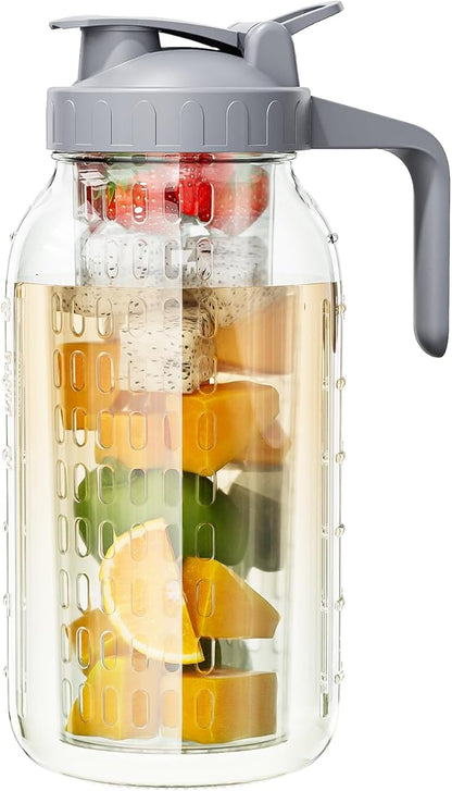 64 oz Glass Pitcher with Lid, Heavy Duty Wide Mouth Mason Jar with Pour Spout, Tea Jug Airtight Seal for Freshness and Convenience, Great for Cold Beverages, Breast Milk and Infused Drinks by OneDream