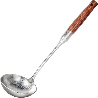 Newness Soup Ladle, [Rustproof, Heat Resistance] Resilient Pure Titanium Soup Spoon with Long Ergonomic Natural Wooden Round Handle, Non-Toxic Cooking Spoon for Kitchen, 14.56 Inches by NewnessFocusOnStainlessSteel