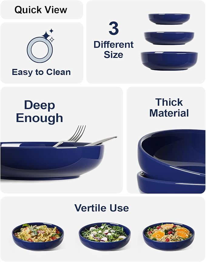 LE TAUCI Pasta Bowls 45 oz, Salad Bowls Set for Serving Soup, Pasta, Noodle, Dinner, Large Kitchen Bowl Plates, Microwave Safe - 8.5 Inch, Set of 4, Blue - Image 4
