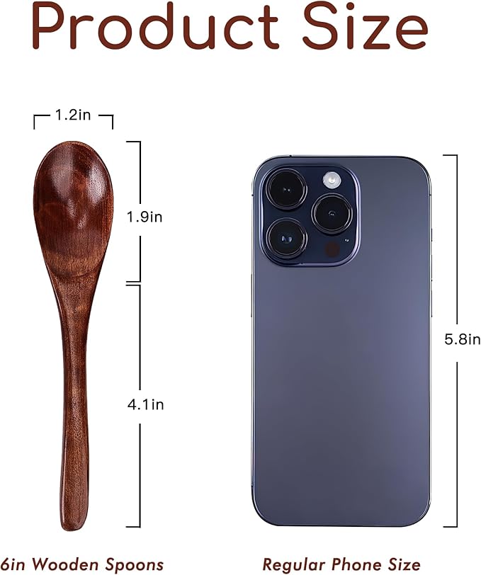 6in Wooden Spoons, 6pcs Soup Spoons Set, Small Wooden Utensils for Coffee, Tea, Jam, Sugar, Ice Cream and Bath Salts (6pcs 6in) - Image 2