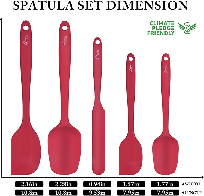 HOTEC Heat Resistant 600℉ BPA-Free Silicone Rubber Spatula Set, Kithchen Cooking Spatulas, Baking, Mixing, for Non Stick Cookware, Dishwasher Safe, Red Set of 5 - Image 3