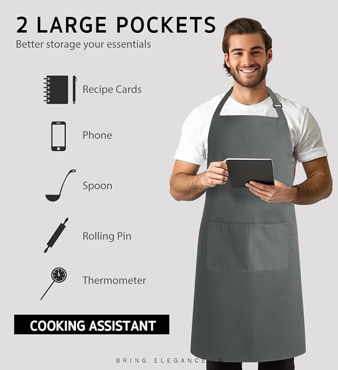 Syntus Apron for Men Women, Adjustable Cooking Kitchen Chef Aprons with 2 Pockets, Cotton/Polycotton/Polyester - Image 4
